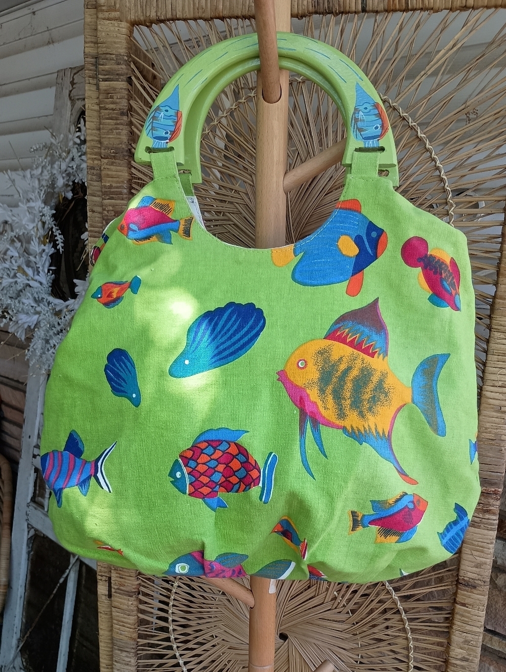 Vibrant Green Fish-Print Tote Bag